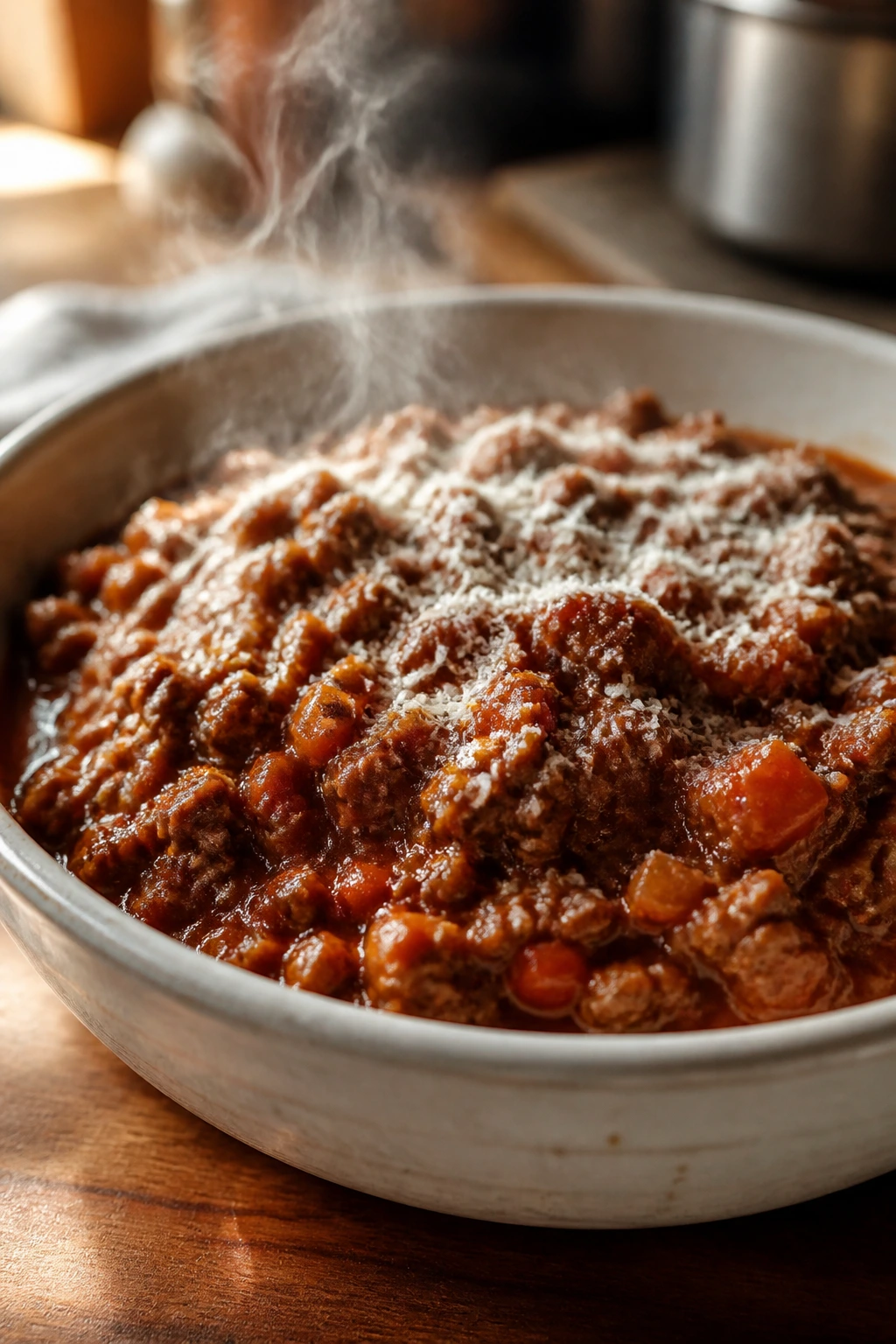 Close-up of slow cooker beef bolognese in a rustic bowl with steam