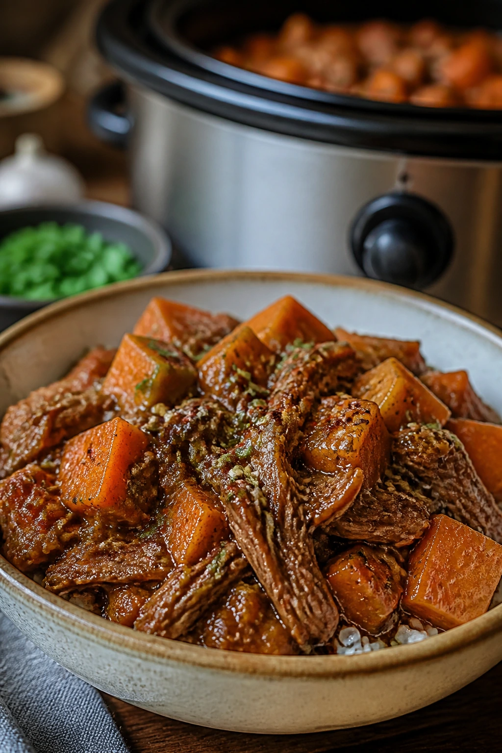 Close-up of slow cooker beef and sweet potato bowl with braised beef