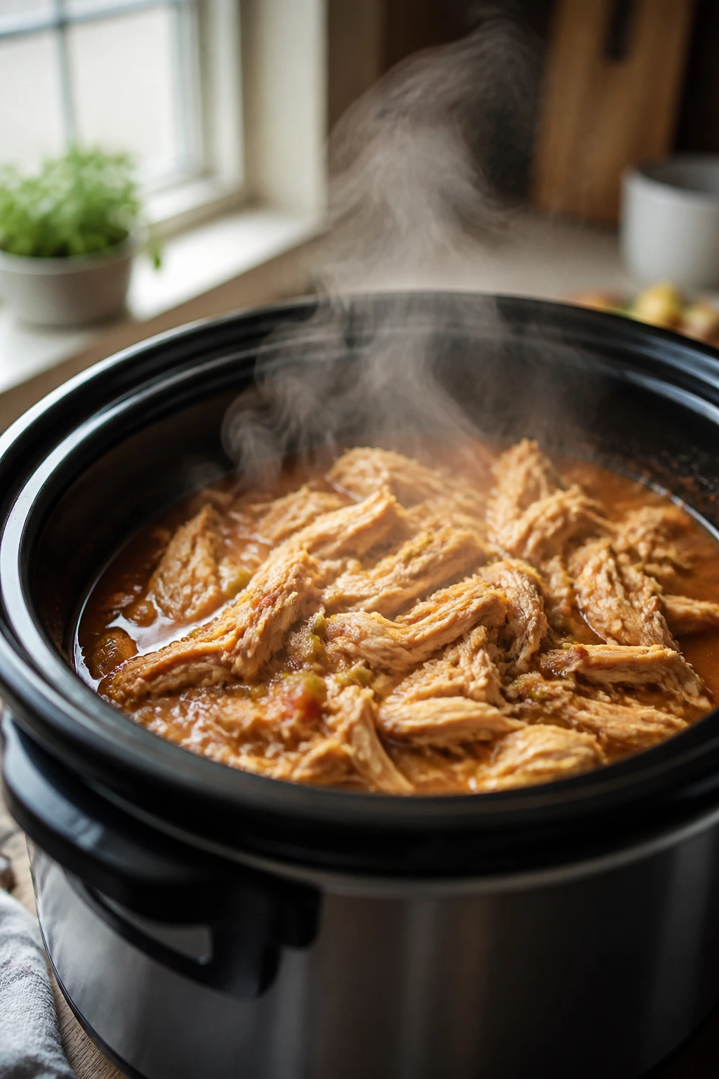 Slow cooker chicken dish steaming in a cozy kitchen