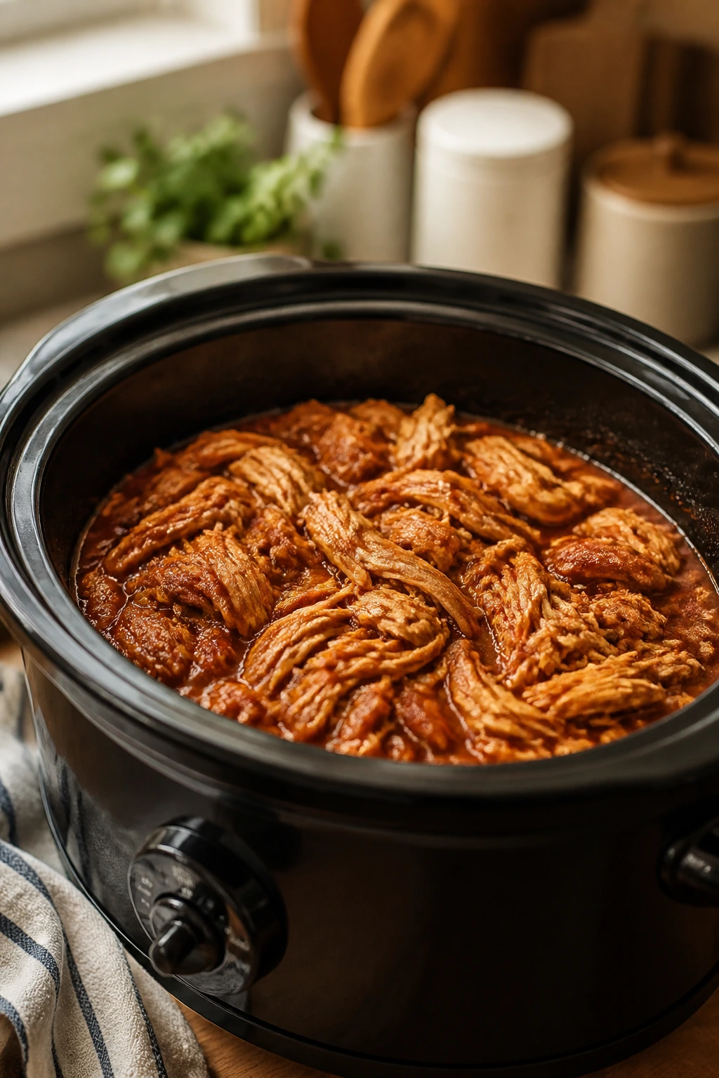Slow cooker filled with saucy shredded chicken