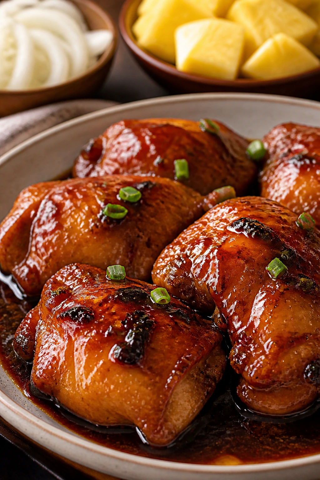 Close-up of glazed teriyaki chicken thighs with onions and pineapple