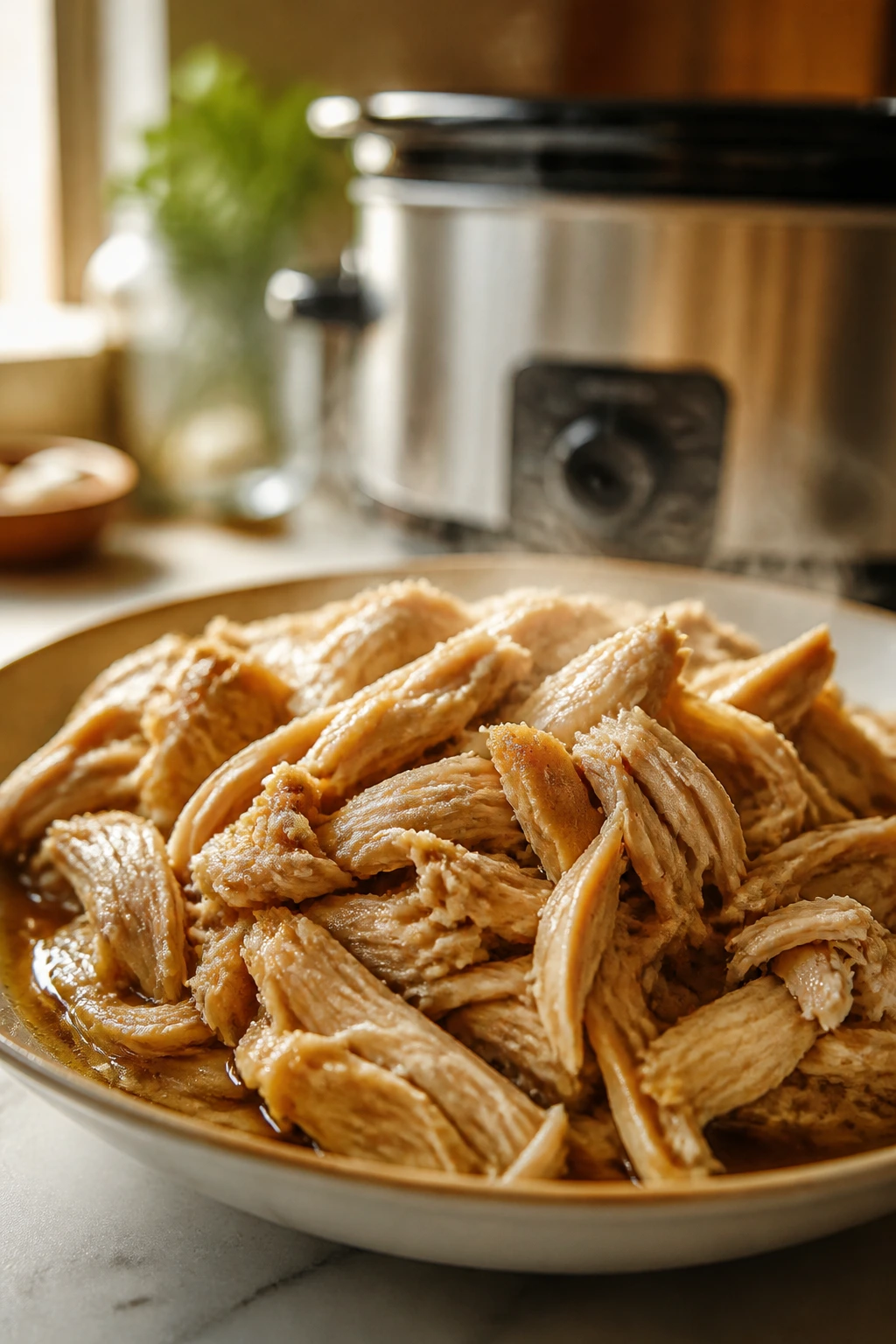 Close-up of shredded chicken thighs in sauce in a bowl on a kitchen counter with a slow cooker in the background