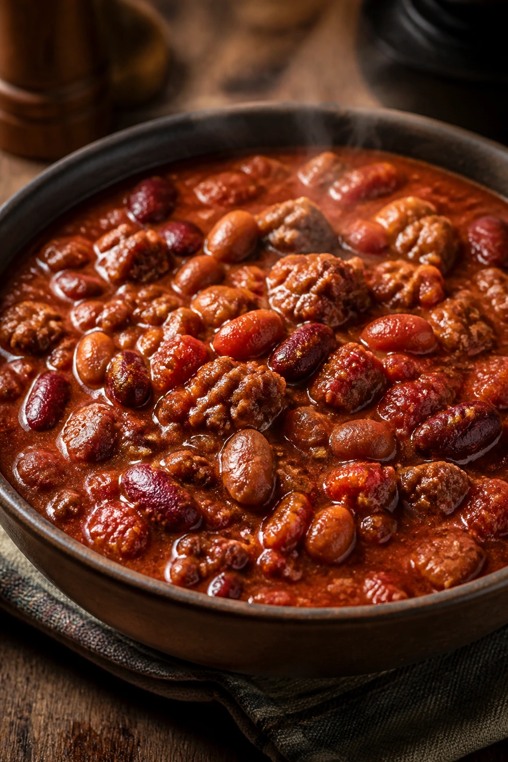 Brick-red chili with beef and beans in a rustic bowl