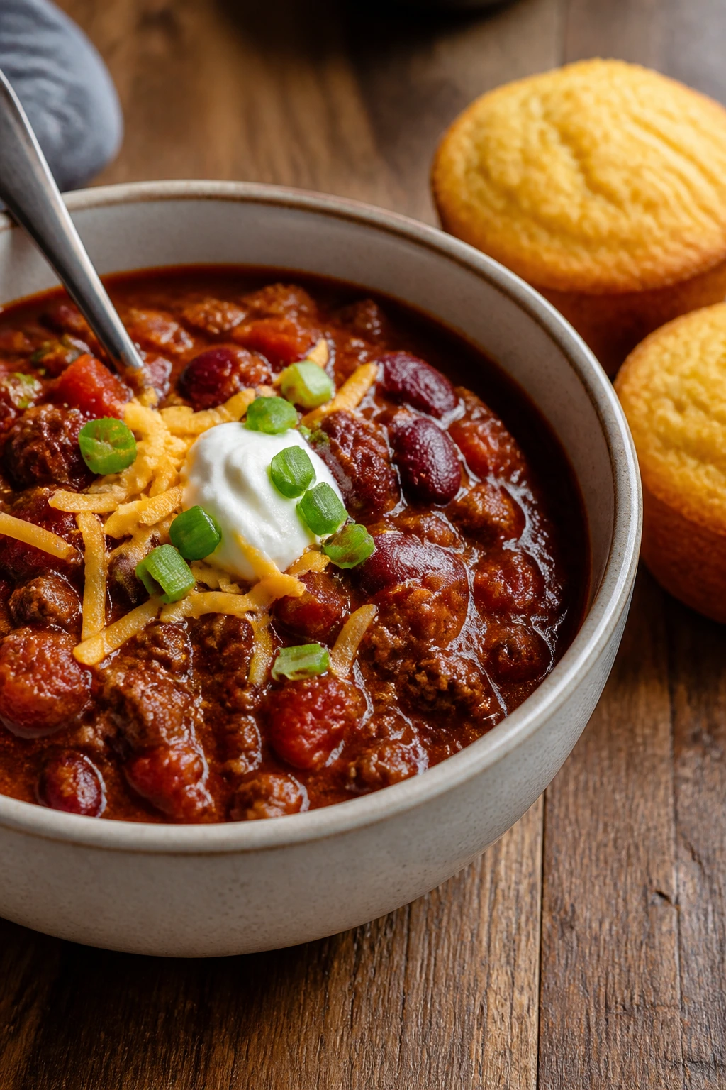 Close-up of chili with cornbread muffins on a rustic table.