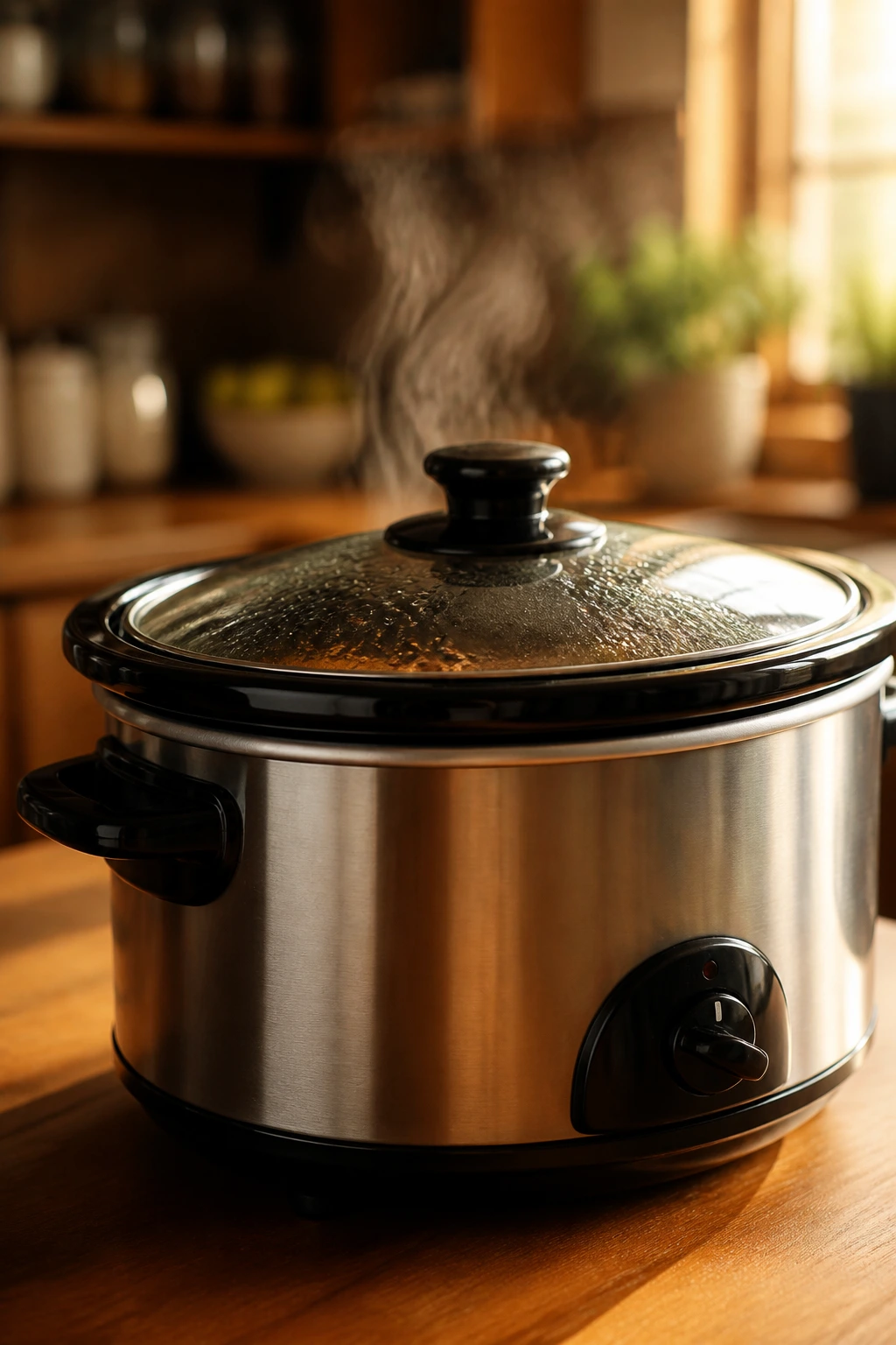 Slow cooker on kitchen counter with steam