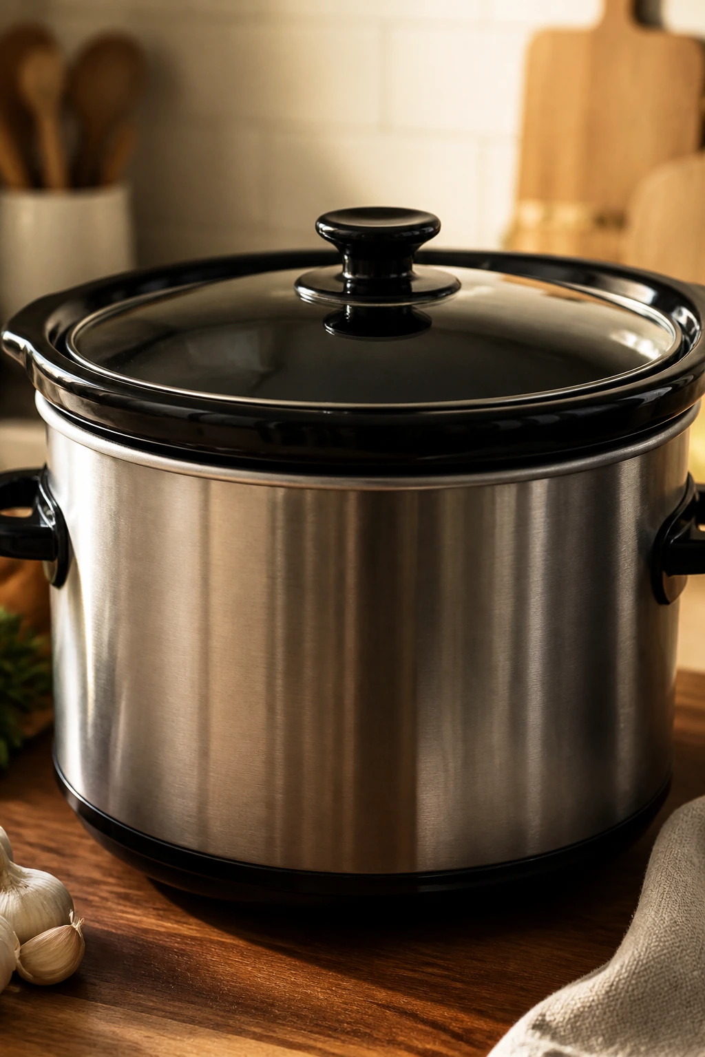Close-up of a 6-quart slow cooker on a kitchen counter showing essential equipment.