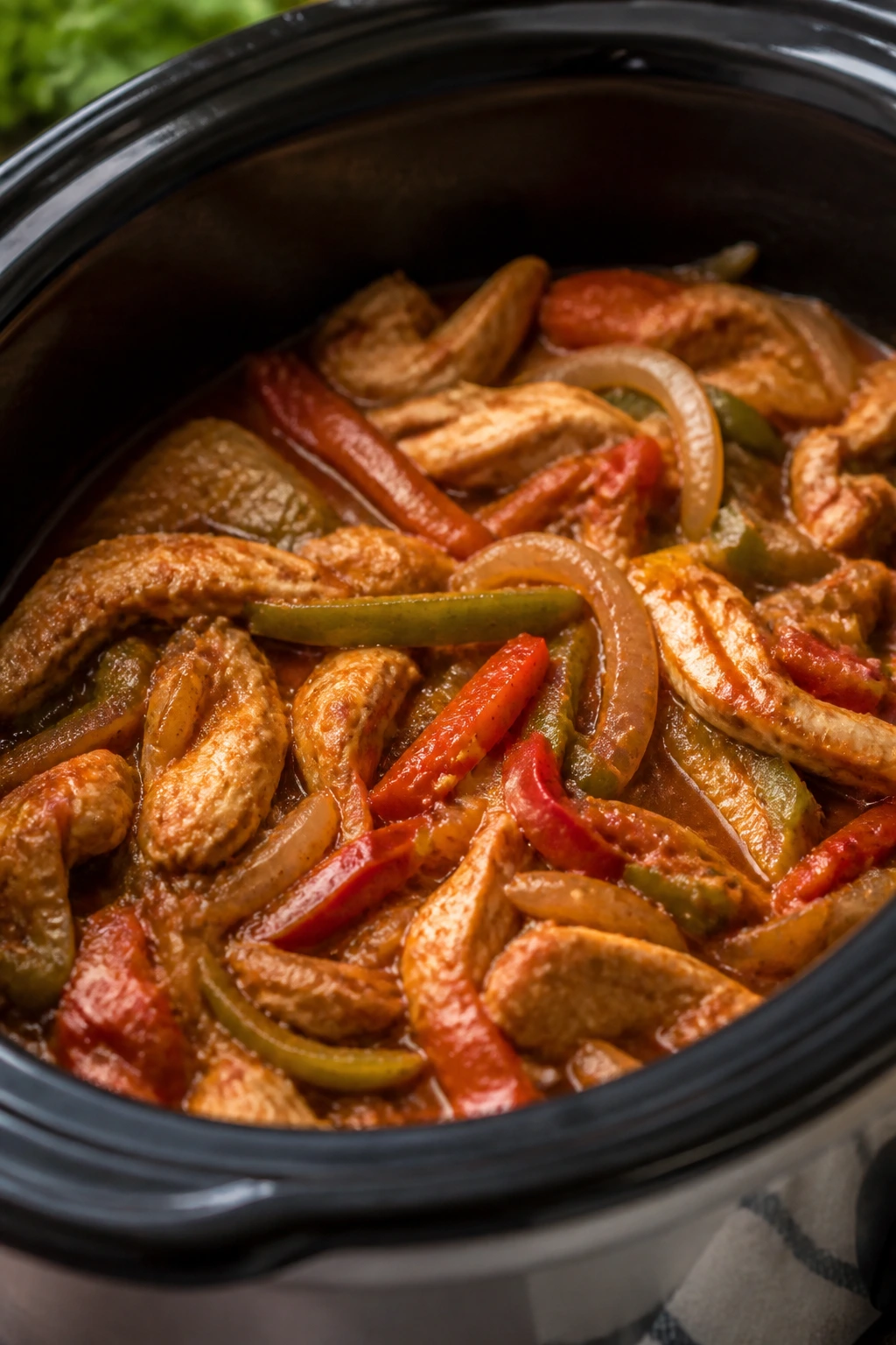 Close-up of slow cooker chicken fajitas filling with peppers and onions