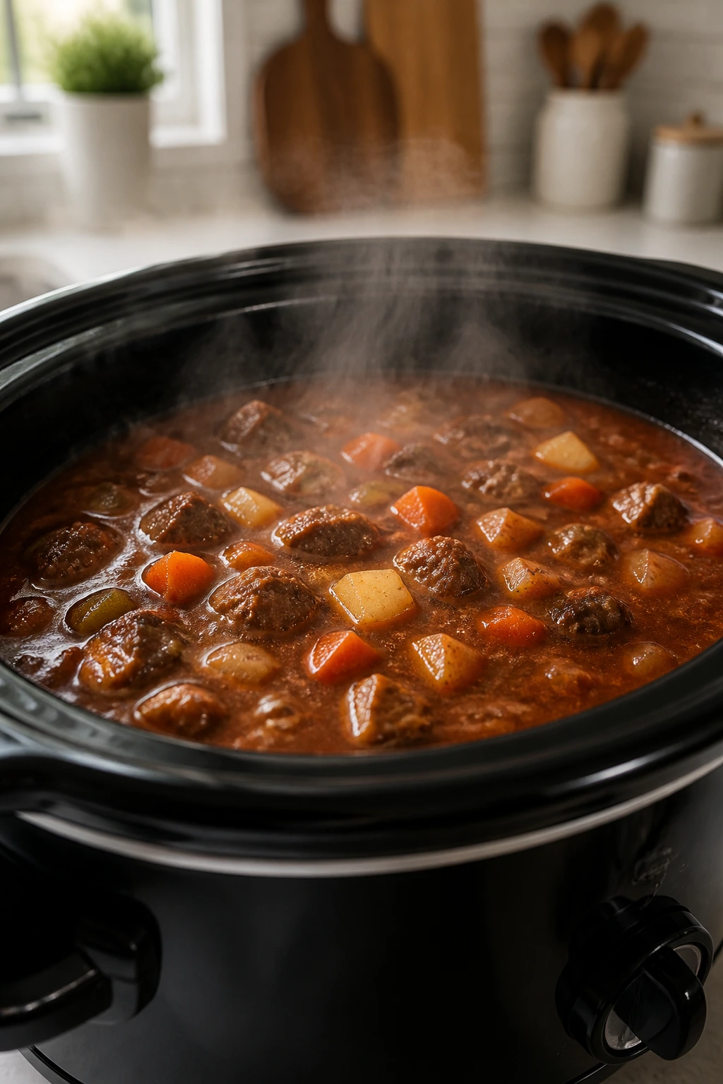 Slow cooker half-full with stew illustrating common mistakes.