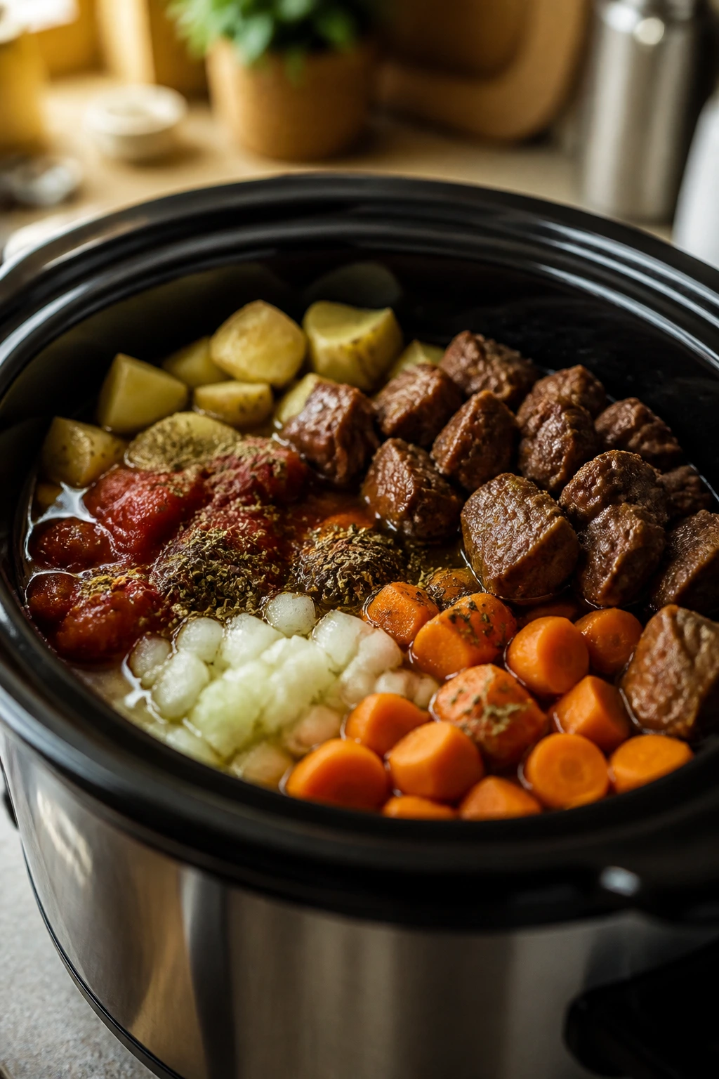 Close-up of a slow cooker insert showing uneven ingredients to symbolize common mistakes.