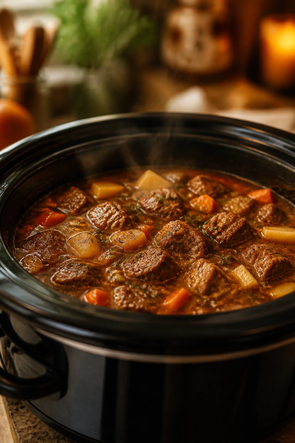 Slow cooker bubbling with stew on a kitchen counter