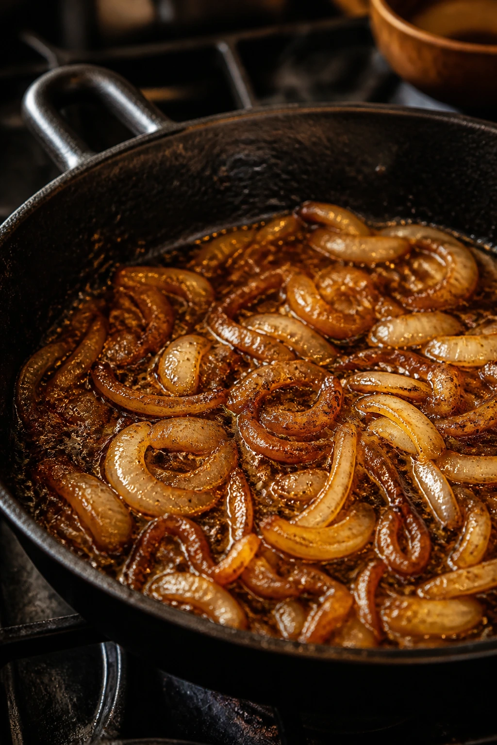 Cast-iron skillet with browning onions on stove