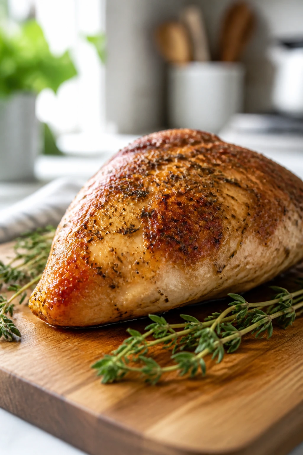 Roasted chicken breast on cutting board with thyme in bright kitchen