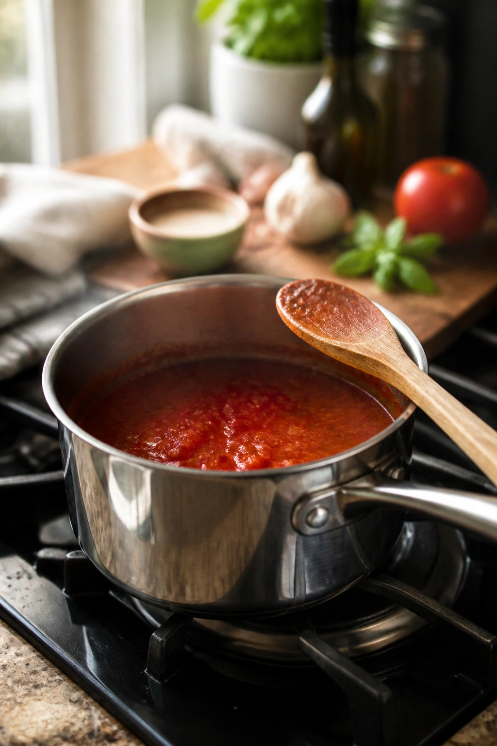 Small saucepan with simmering sauce on stove in a cozy kitchen.