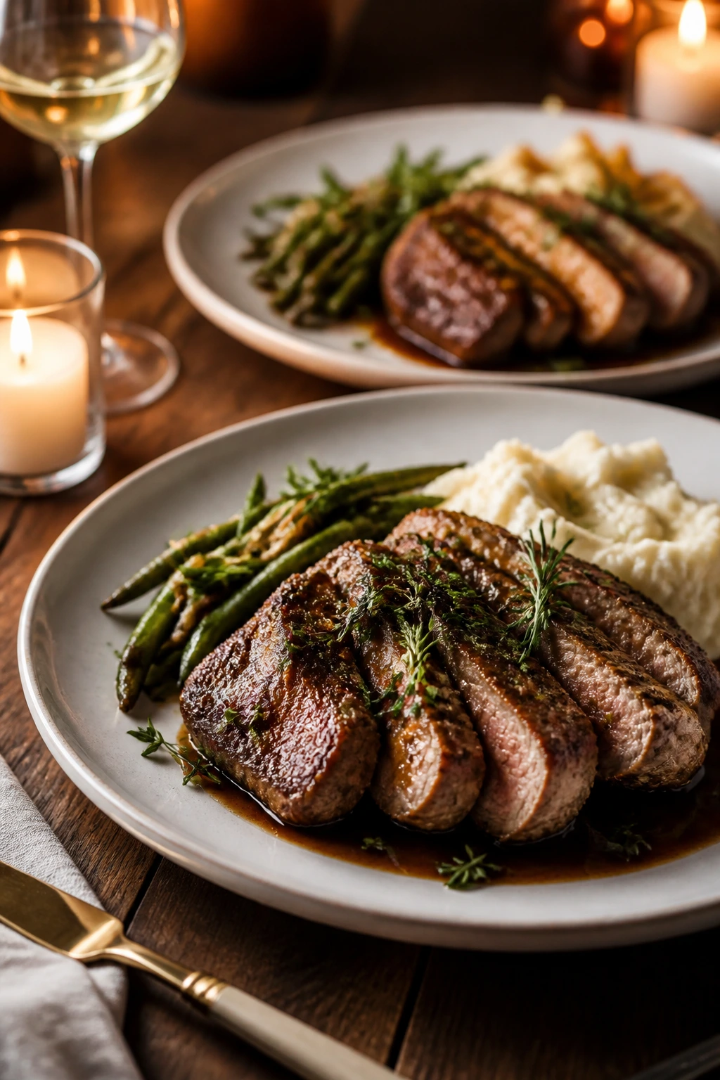 Two plated meals on a wooden table with candlelight.