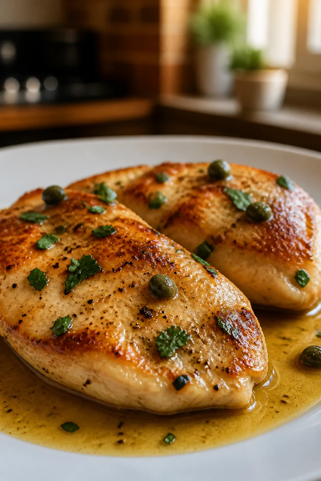 Two boneless chicken cutlets on a plate with light pan sauce, warm kitchen background