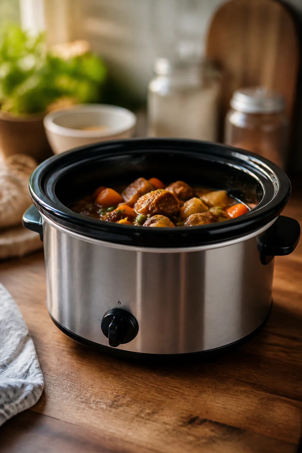 Close-up of a small crockpot on a kitchen counter, highlighting compact size for two-person meals