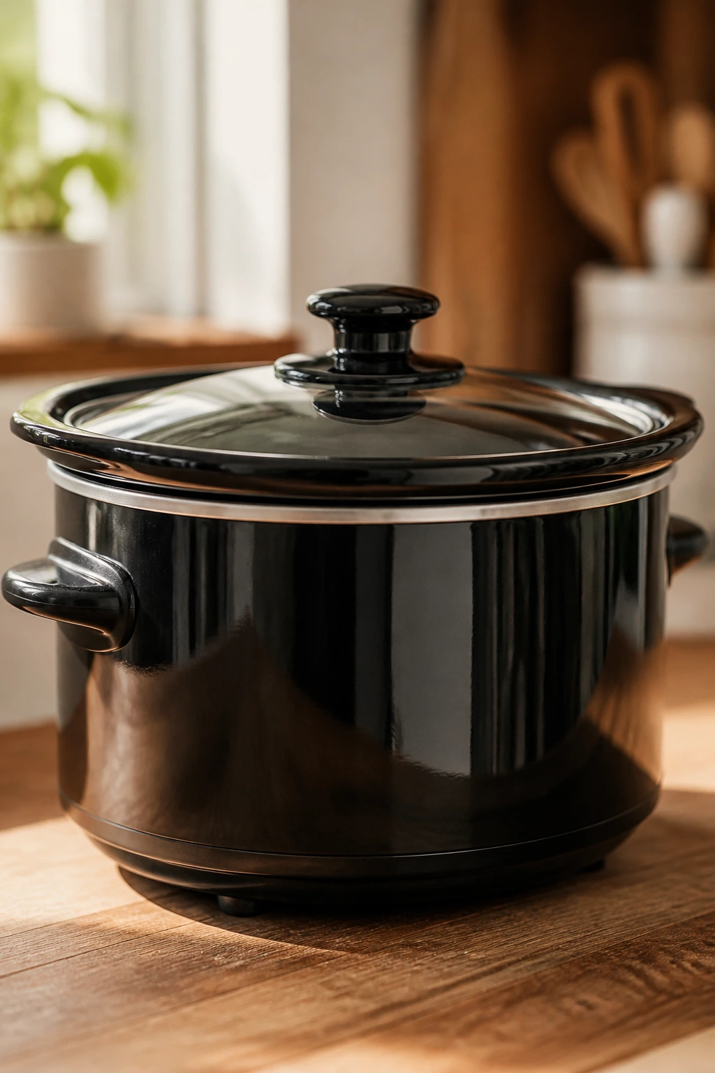 Close-up of a small slow cooker on a warm kitchen counter