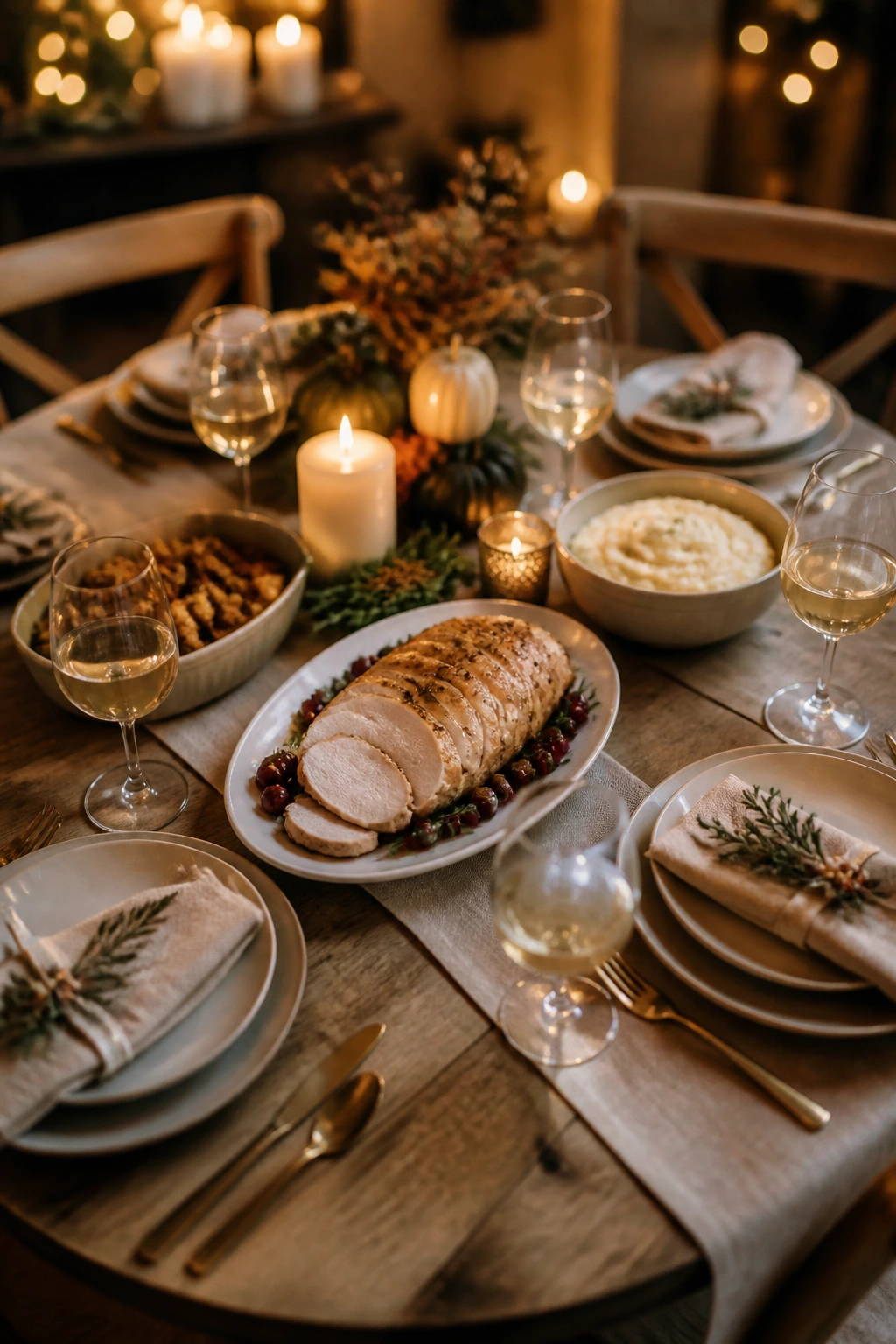 Close-up of a small festive dinner table for four with seasonal dishes
