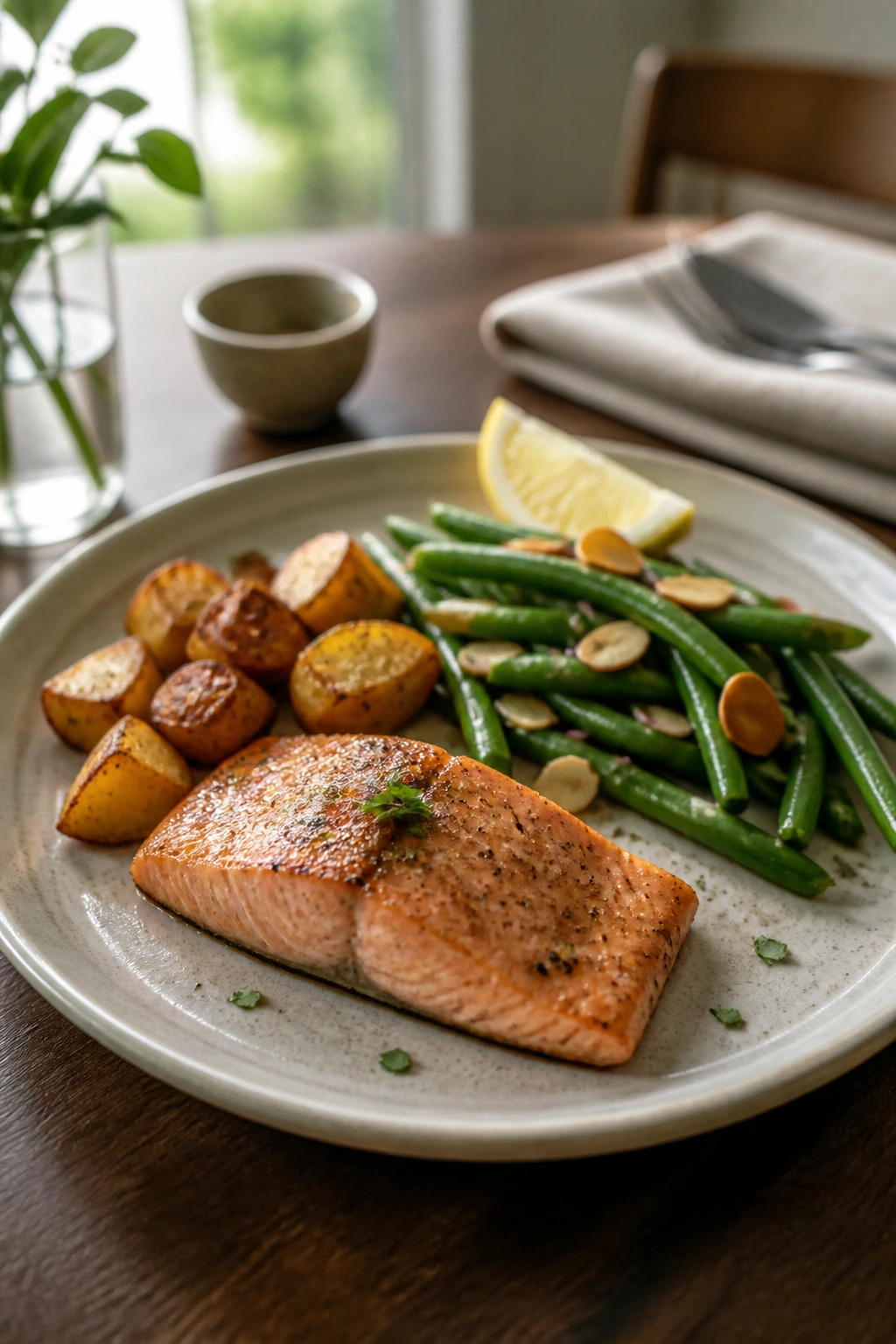 Modest plated dinner on a cozy dining table