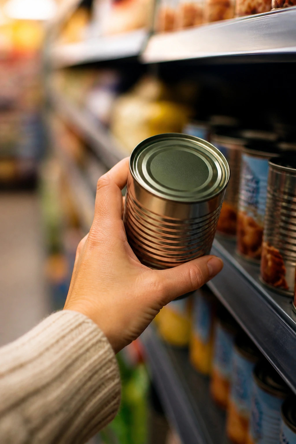 Close-up of a shopper's hand holding a canned pantry staple on a store shelf with warm lighting