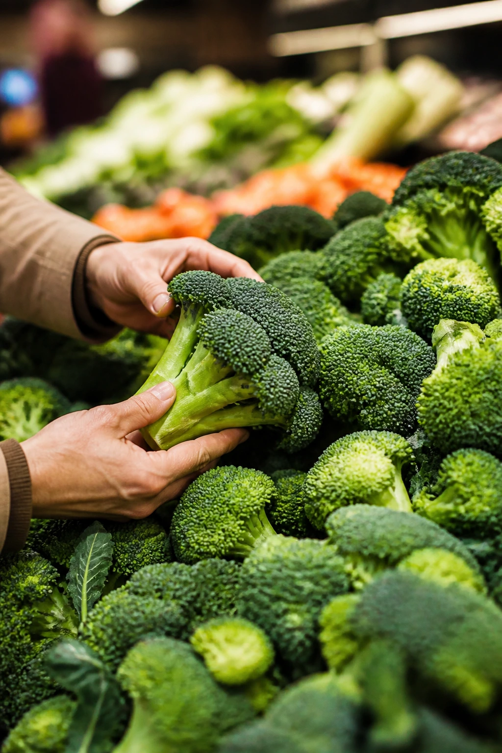 Smart shopping broccoli selection in grocery store produce aisle.