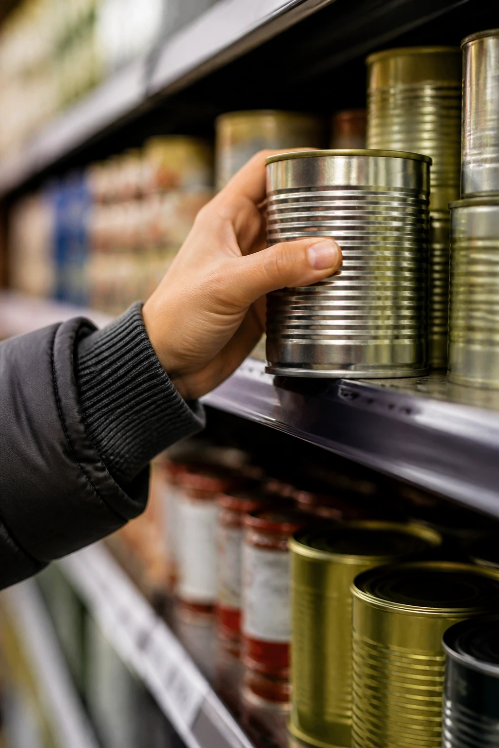 Hand selecting an unlabeled can on a store shelf, illustrating smart shopping