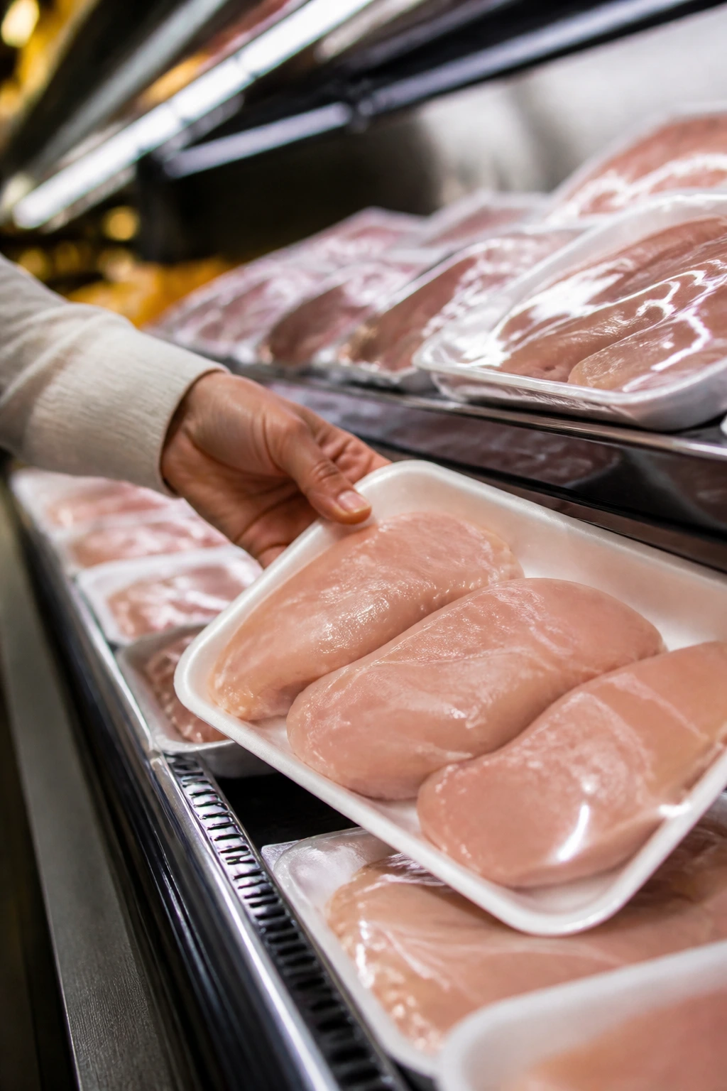 Close-up of a hand selecting chicken cutlets at a grocery store for quick Instant Pot dinners