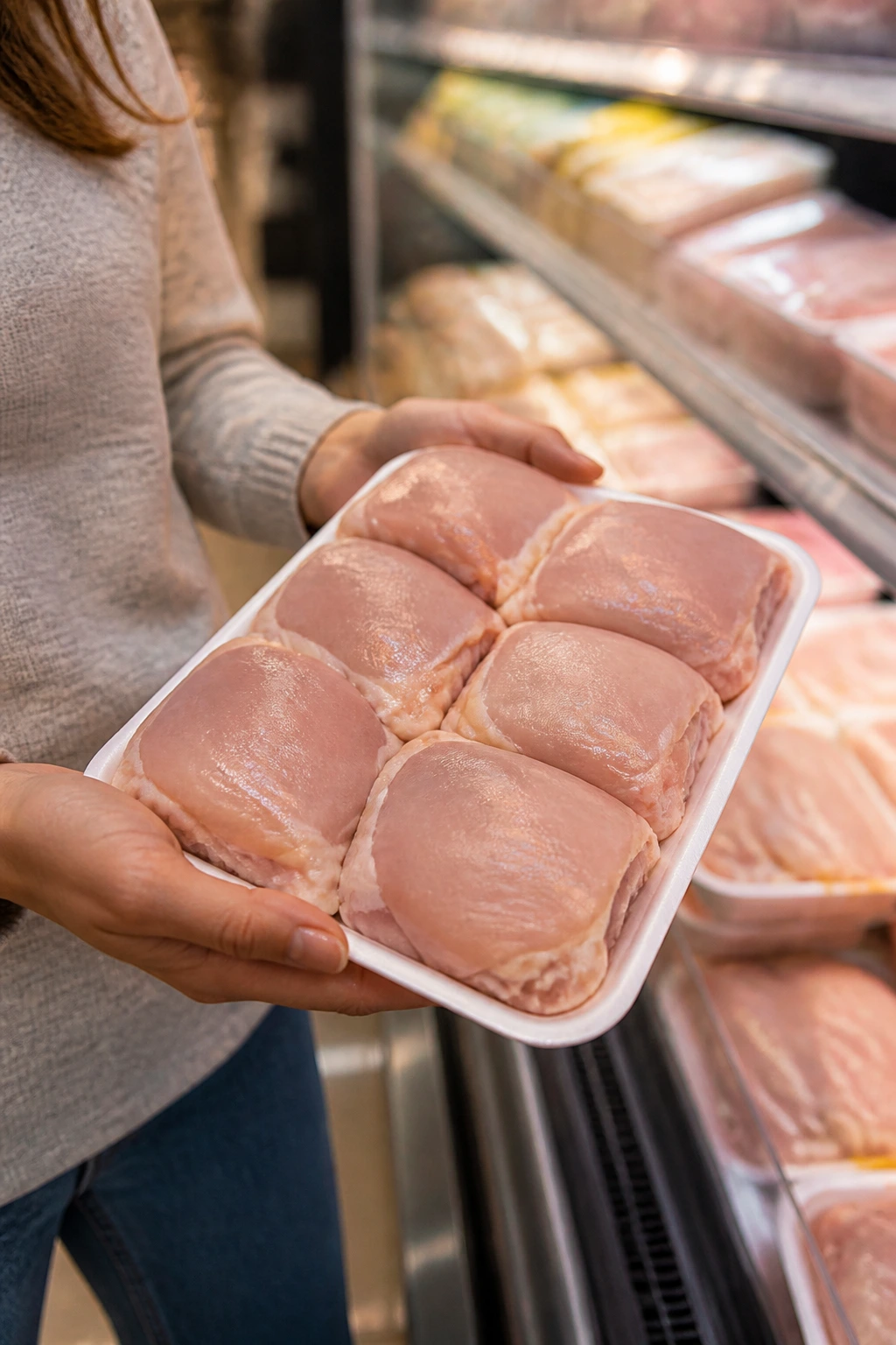 Close-up of shopper holding tray of evenly thick chicken thighs in grocery store