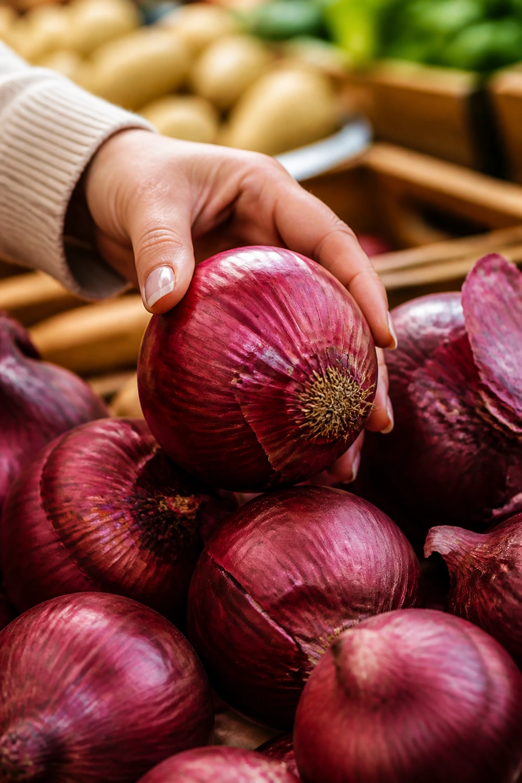 Hands selecting a red onion at market for best flavor