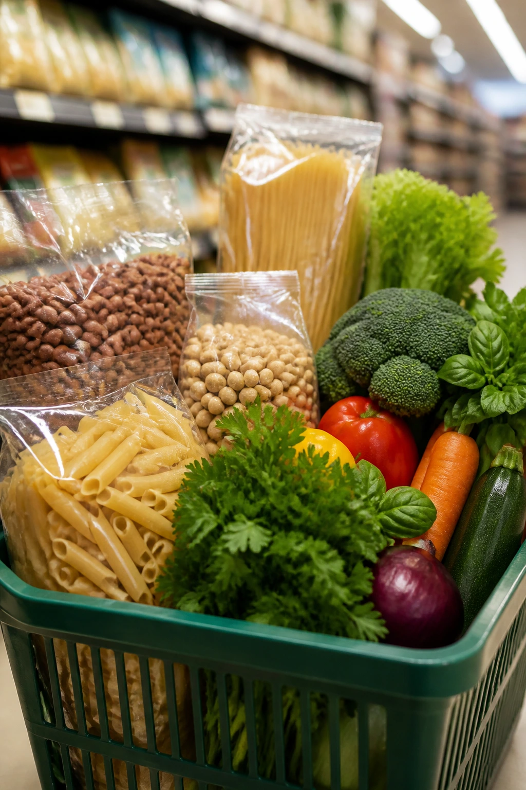 Grocery basket filled with beans, pasta, and vegetables.