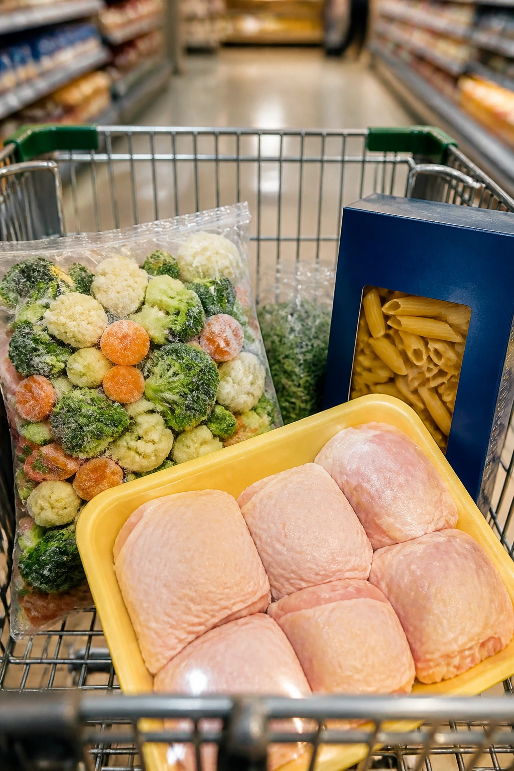Grocery cart filled with ingredients for fast dinners