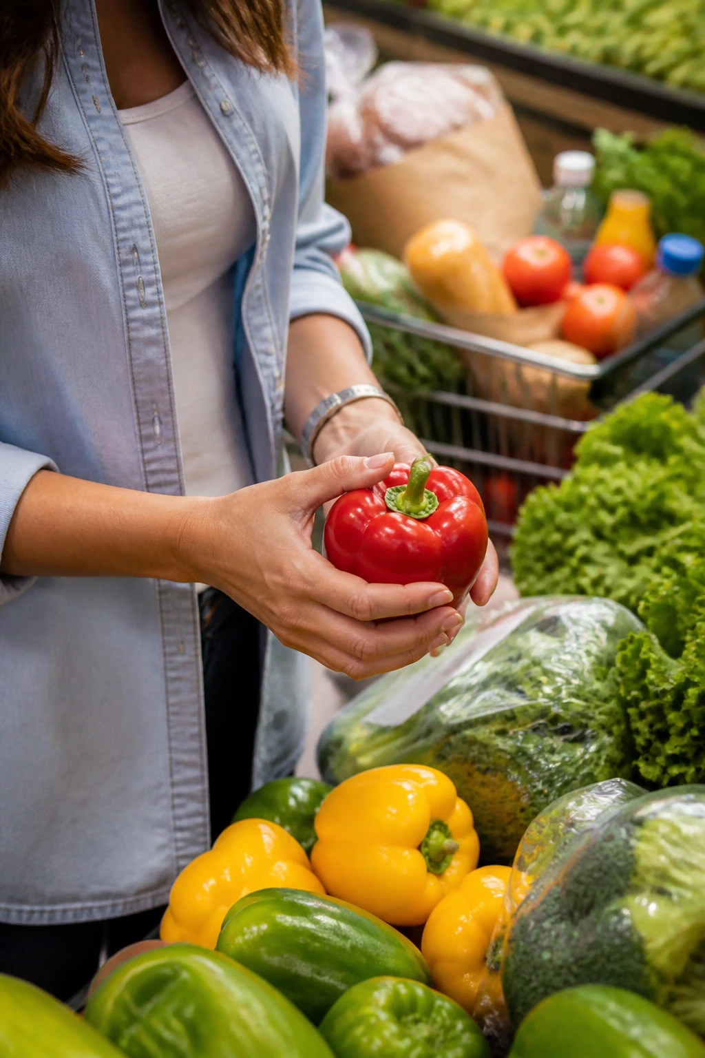Close-up of hands selecting fresh produce at a grocery store, illustrating smart shopping for ingredients