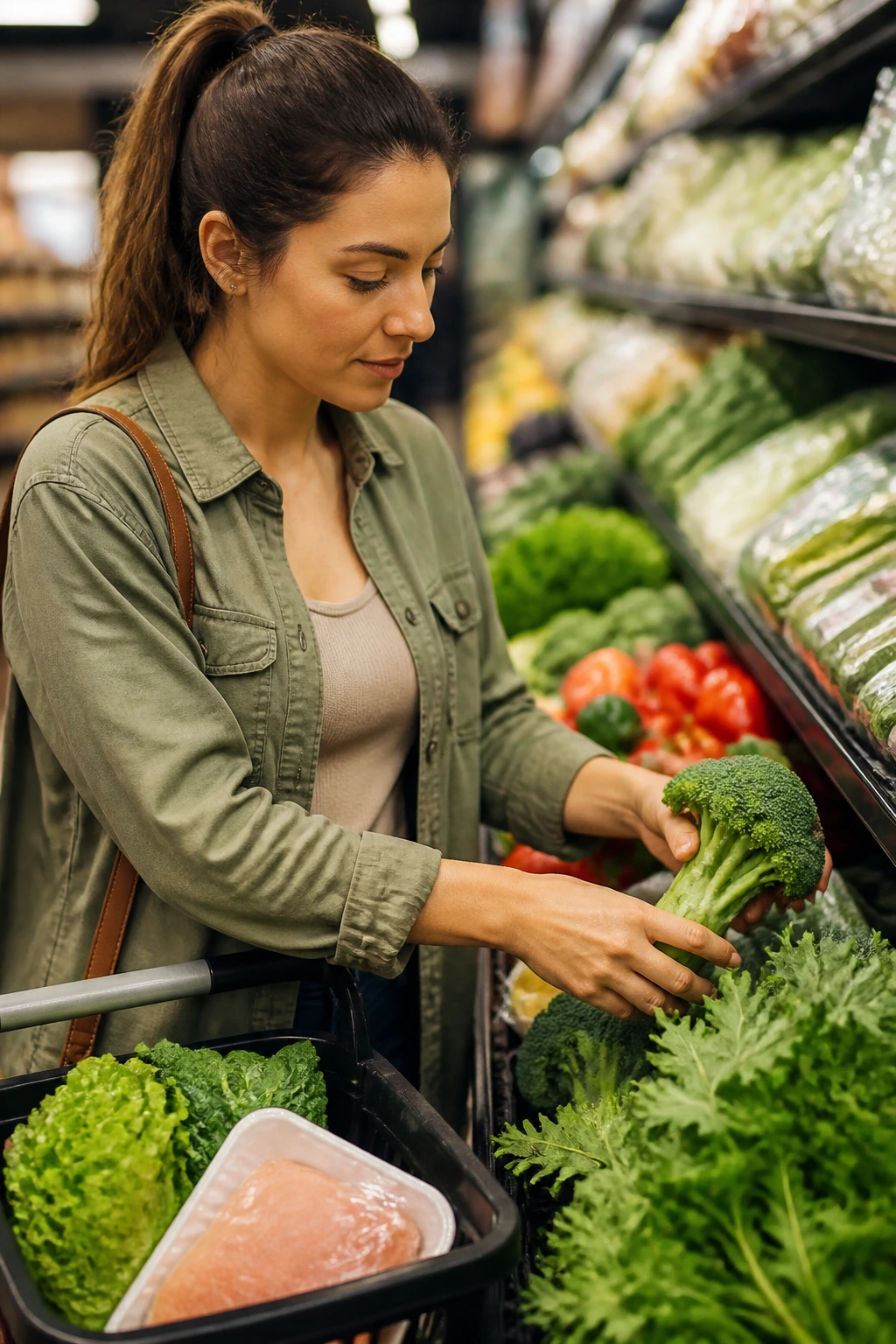 Grocery shopper selecting produce in store aisle