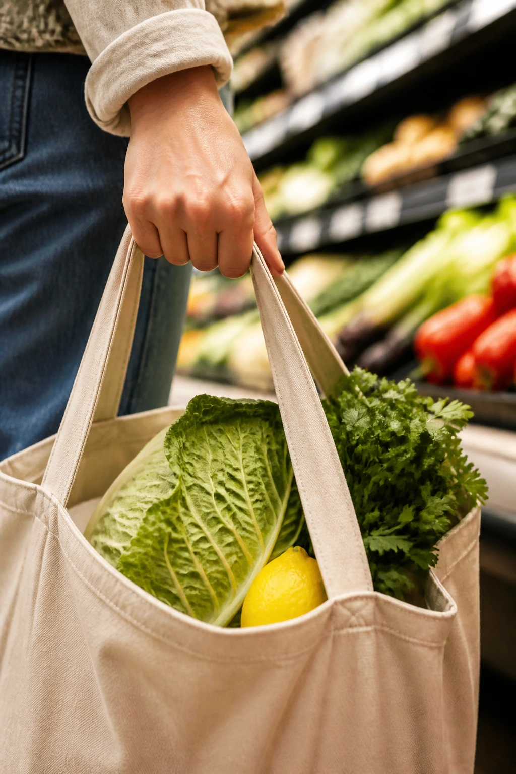 Close-up of a shopper's hand holding a plain tote with loose cabbage, lemon, and herbs in a grocery store aisle.