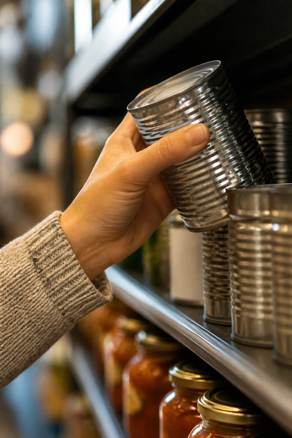 Hand selecting canned tomatoes on grocery shelf