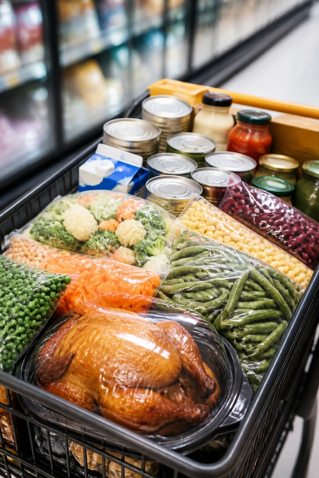 Grocery cart filled with dump-and-bake ingredients in store aisle