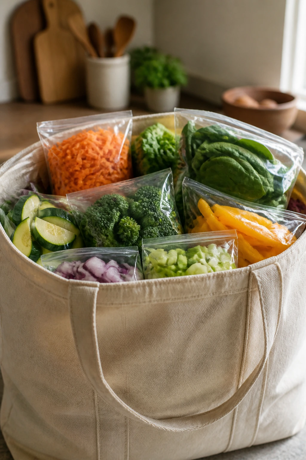 Grocery bag with prepped ingredients for quick dinners