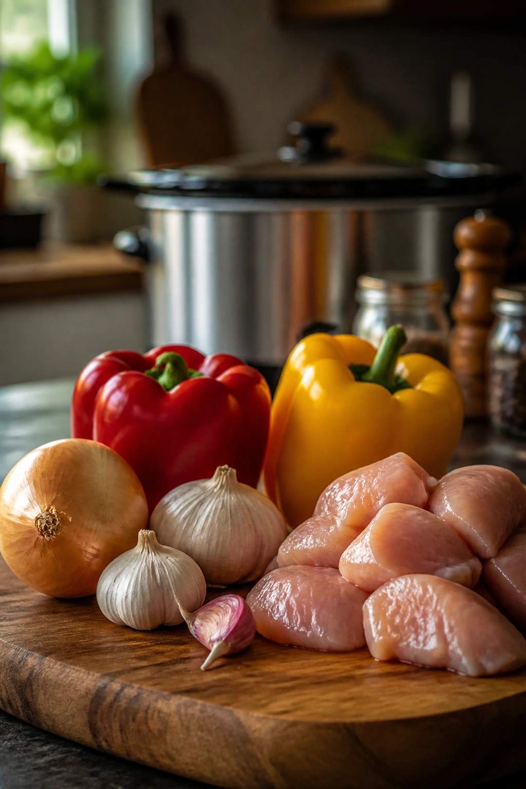 Fresh ingredients arranged on a cutting board highlighting smart shopping for slow cooker meals.