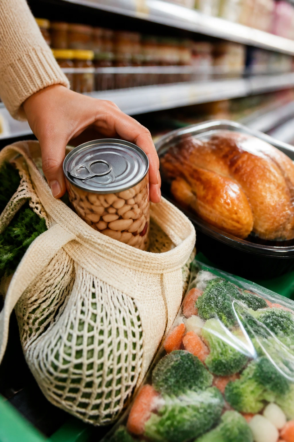 Grocery store scene with bagged beans and rotating chicken product