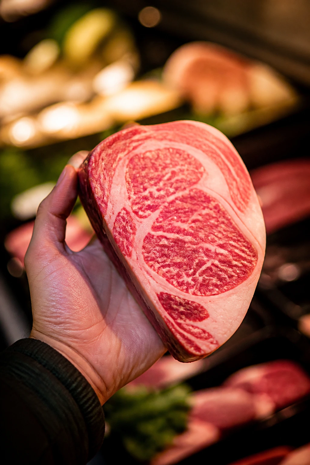 Close-up of marbled steak in hand against blurred grocery store backdrop.