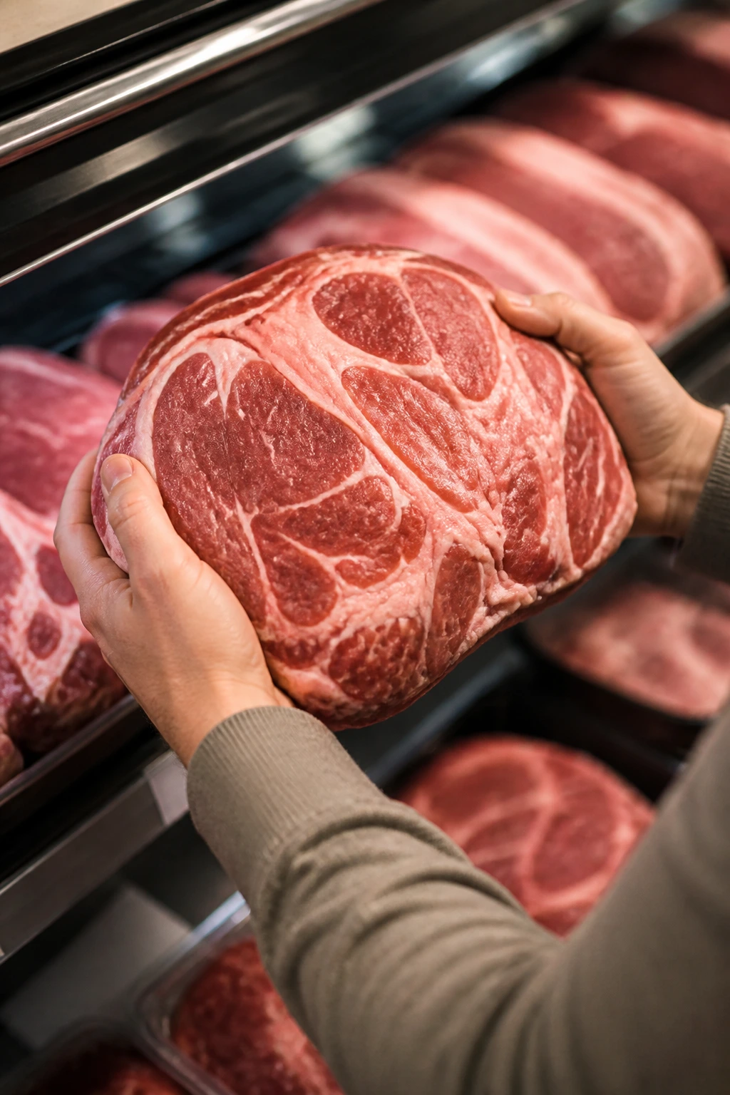 Hands selecting a fatty pork shoulder from a grocery shelf illustrating smart shopping