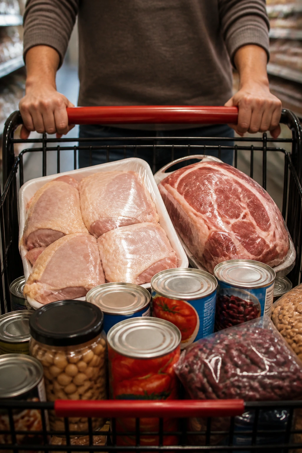 Close-up of shopper's hands guiding a cart with meat and pantry staples in a store aisle