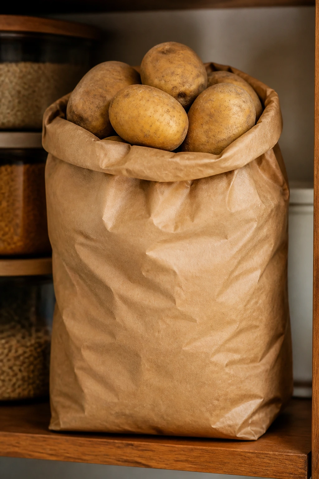 Plain, label-free bag of potatoes on a kitchen shelf.