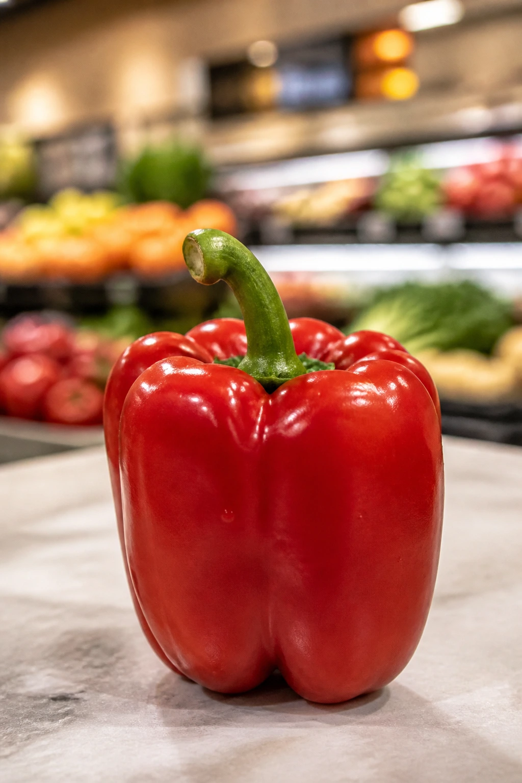 Close-up of red bell pepper on kitchen counter with blurred produce store background