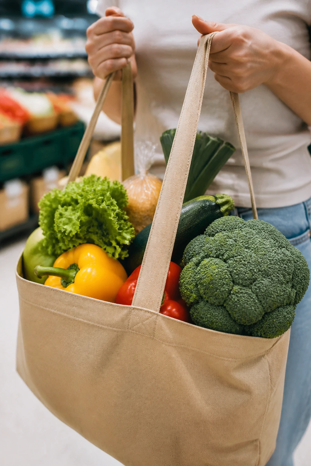 Hands holding a reusable bag of fresh produce