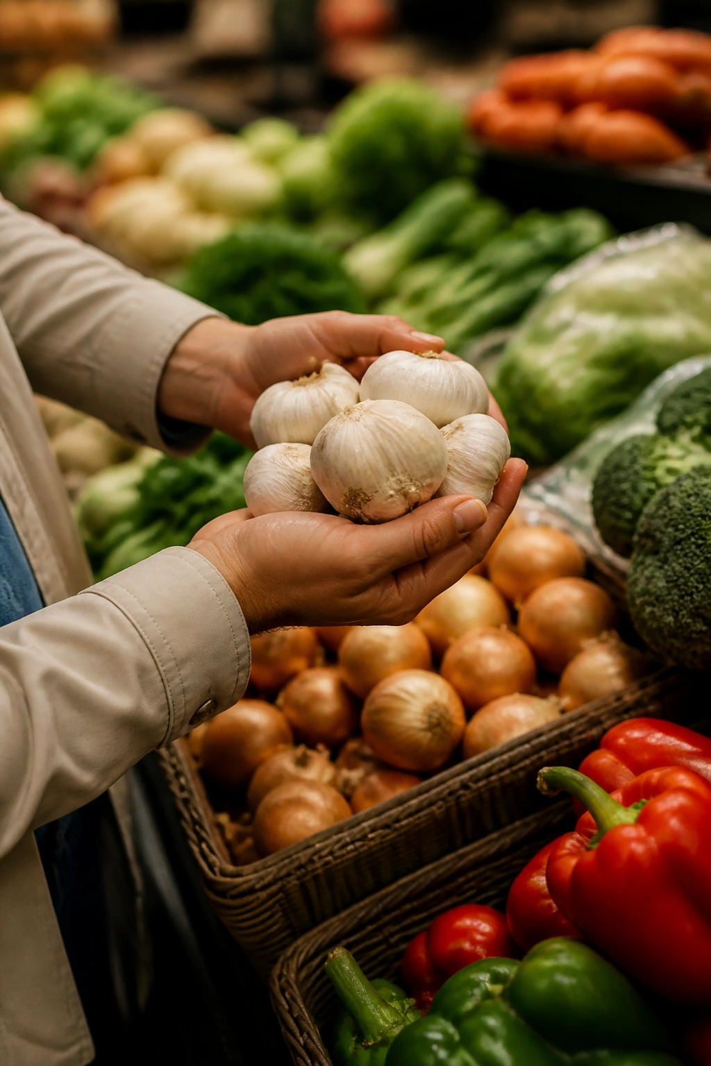Close-up of hands selecting fresh produce in a grocery store.