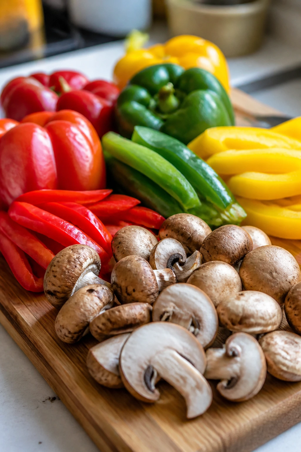 Fresh peppers and mushrooms on cutting board ready for cooking