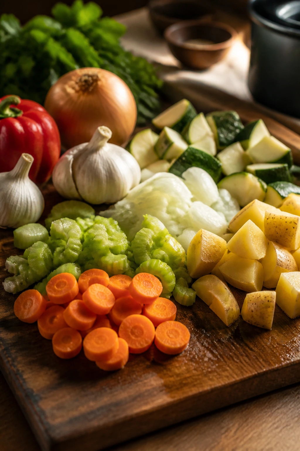 Close-up of fresh vegetables on a cutting board under warm light