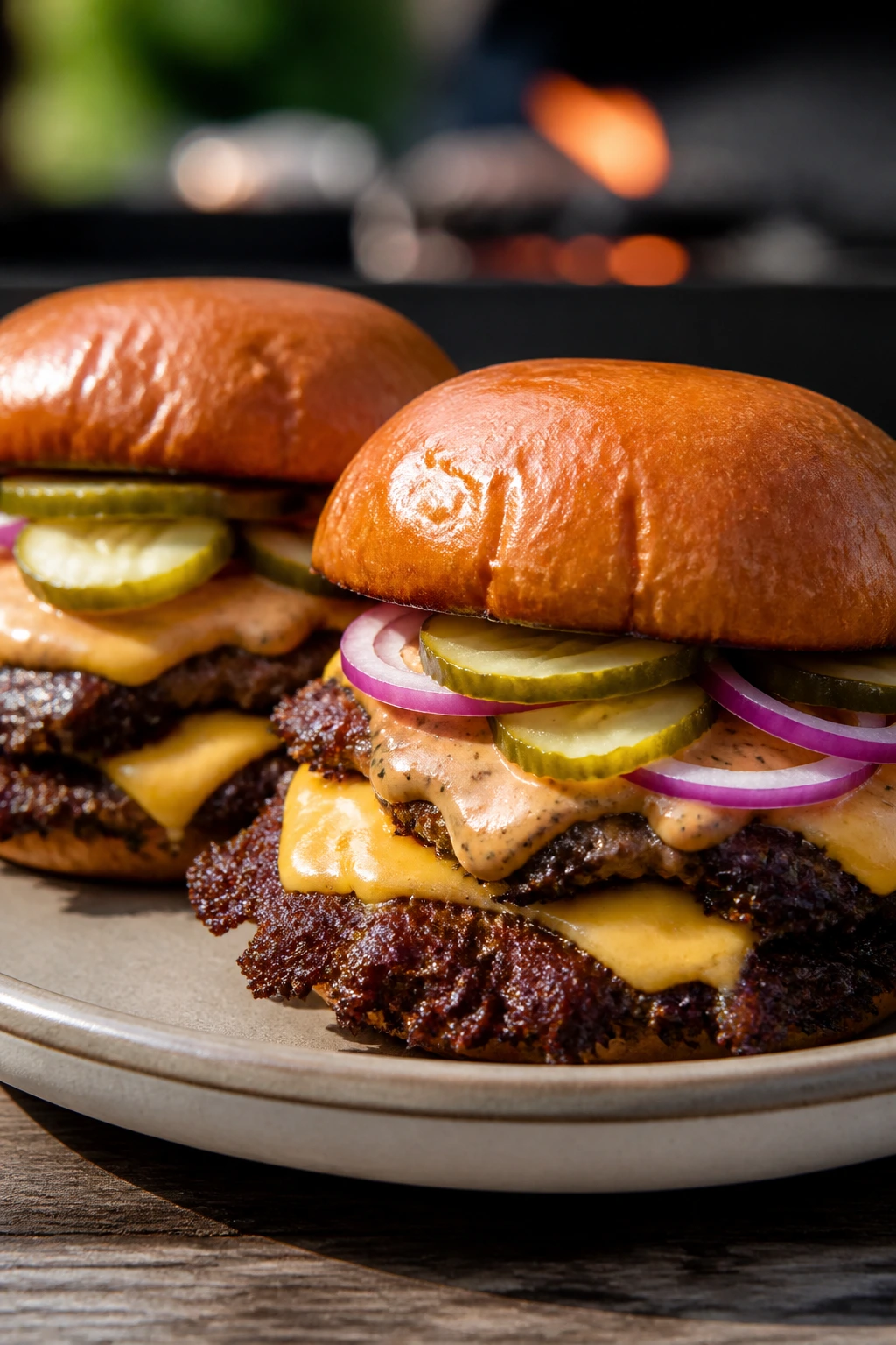 Juicy smash burgers with quick pickles on a plate outdoors