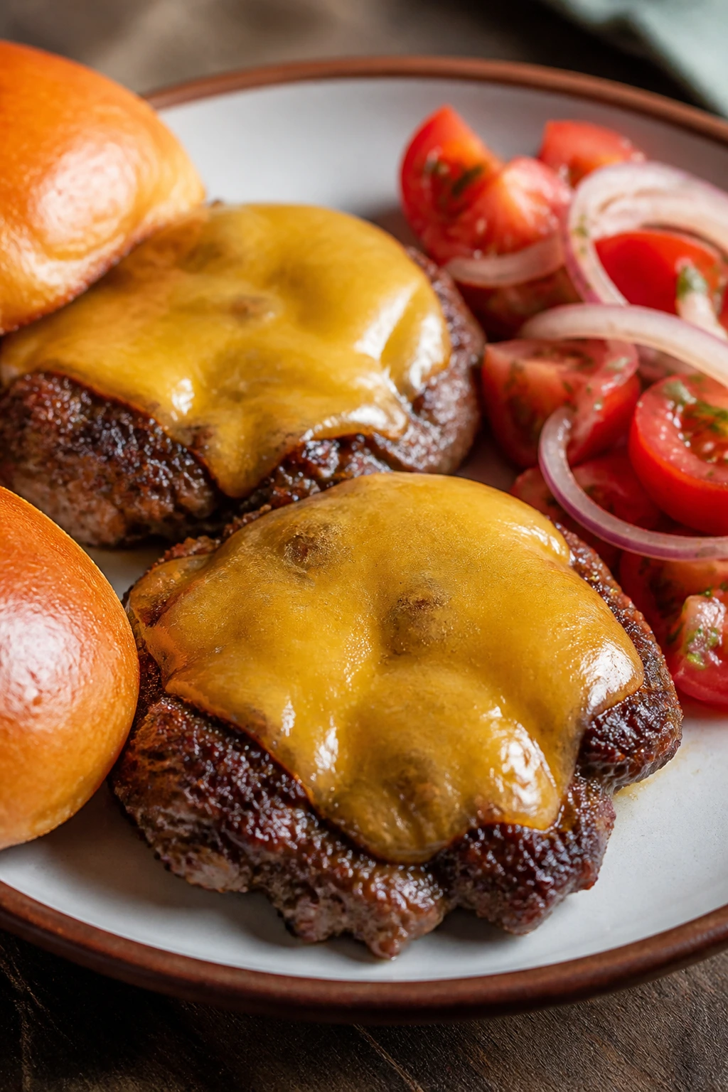 Close-up of smashed burgers with tomato-onion salad on a plate.